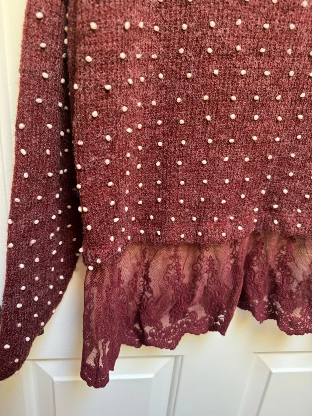 Altar'd State Lace Hem Polka Dot Embellished L/Sleeve Burgundy Red Sweater Large